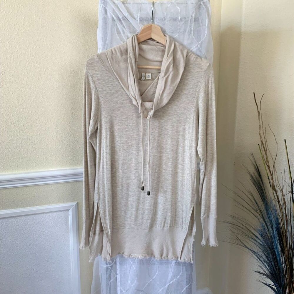 Draped Cowl Neck Fringed Pullover Tunic Long Sleeve Top